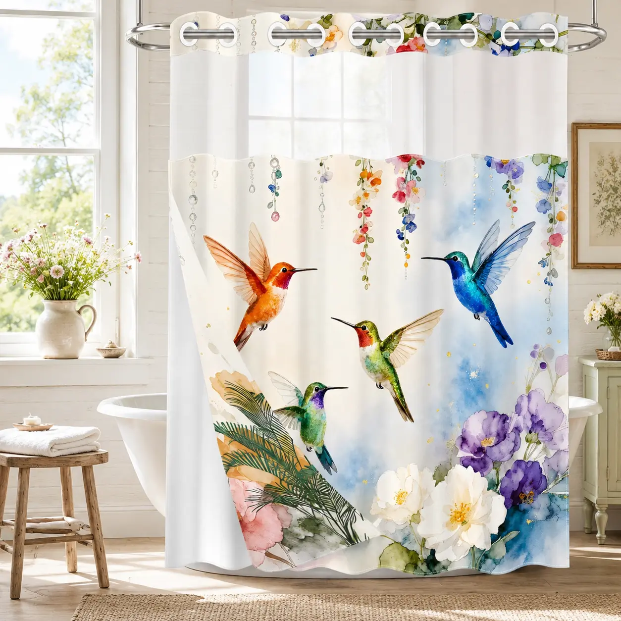 72x75in No Hooks Straight Polyester Hummingbird Floral Watercolor Shower Curtain - Snap-In Removable White Liner, Double-Layer Waterproof Fabric, Sheer Mesh Top, Wall-Mounted Elegant Garden Bathroom Decor (With Bag), Shower Curtains homeessentials
