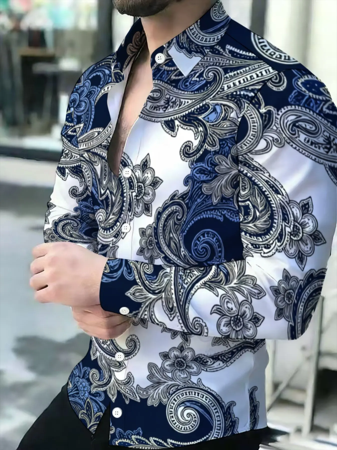 Men's Paisley Graphic Long Sleeve Collared Blouse, Slim-Fitting Casual Button Up Shirt, Business and Leisure Top, Classic Trendy Design Menswear