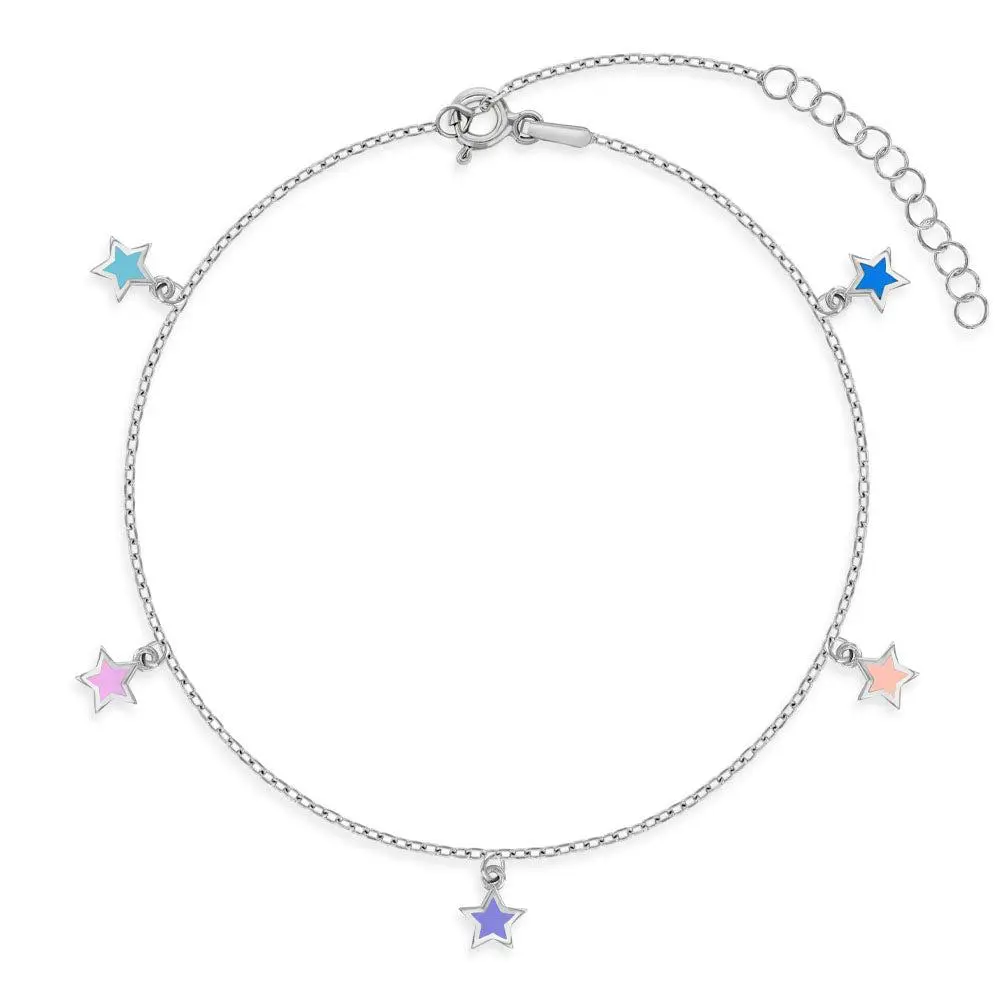 Enamel Star Dangle Preteen / Teen Anklet 7.5-9.5 - Sterling Silver