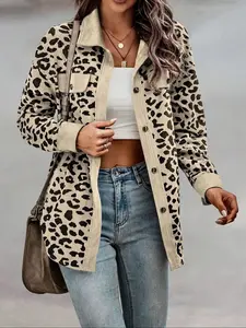 A ladies' khaki checkered button-up long-sleeved jacket that is versatile and suitable for all occasions