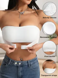 Anti-Slip Strapless Bra with Front Buckle, Stay-Up Seamless Bandeau, Invisible Push Up Bra for Off-Shoulder Dress, Includes Clear Straps, No Wire Comfort, Underwear, Womenswear