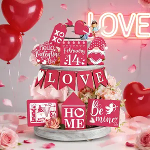 Valentine's Day Wooden Tiered Tray Decor Set, Gnome Sign Love Heart Letter Plaque for Holiday, Perfect for Home Table Wedding Party Decoration