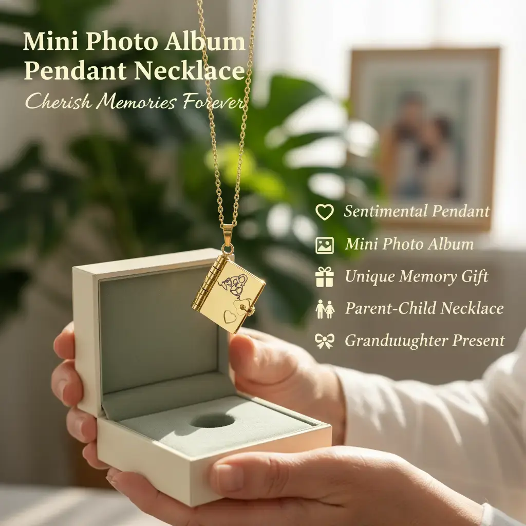 Sentimental mini photo album pendant necklace, a unique memory gift, parent-child necklace, a gift for granddaughter, Letter, Daily