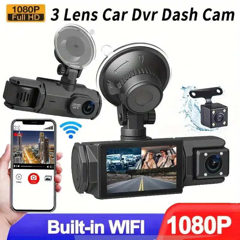 Three-Lens Car Dvr Recorder with WiFi Function, Night Vision/circular Recording, Free 32GB Storage Card, Non-Chargeable, Must Be Plugged in, WiFi Car Dashcam, Auto Dvr, Automotive Dvr Camera, Dashcams For Cars, HD Driving Recorder