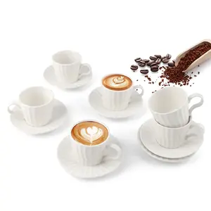 Thick Glossy Ceramic Espresso Mugs with Handles, 3.4oz Ribbed White Turkish Coffee & Teacup Set of 6 with Saucers, Ideal for Latte, Great Birthday Gift for Coffee Enthusiasts