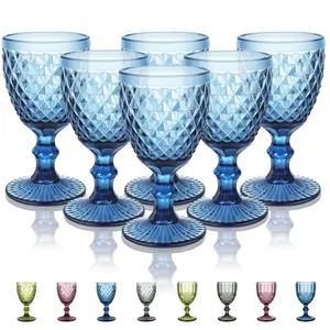 8oz Vintage Wine Glasses Set of 6 �C Retro Embossed Crystal Goblets, Elegant Stemmed Drinkware for Wine, Cocktails, and Iced Beverages �C Aesthetic Glasses for Wedding, Party, Dining, or Restaurant Use
