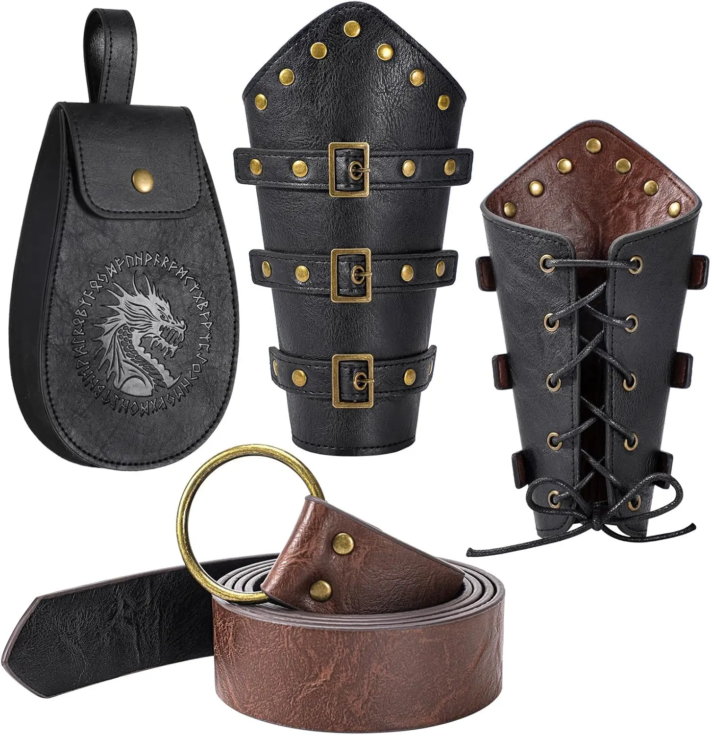 3 count Renaissance Accessories,  Belt, Medieval  Belt Pouch & Leather Bracers for Halloween LARP