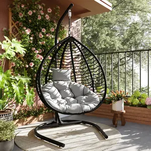 Egg Swing Chair Outdoor with Stand, Hanging Egg Rattan Basket Chair with Cushion and Pillow, Lounge Chairs for Backyard Sunroom Patio Balcony Bedroom