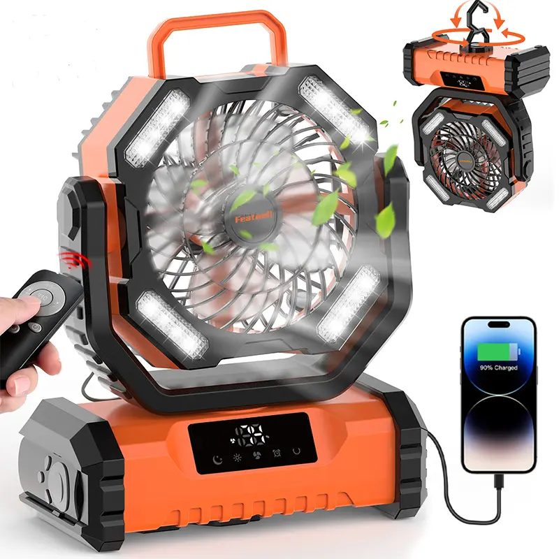 Featwell 20000mAh Rechargeable Camping Fan with LED Light - Portable Handheld Cordless Oscillating Fan, 360° Rotating Hook, Type-C Quick Charge, 3 LED Levels Suit Night/Dusk, Rechargeable Cuts Plug Hassles for Camping, Home, Office, Portable Handheld Fan