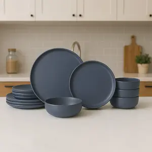 12-Piece Stoneware Dinner Plates Bowls Set Microwave Dishwasher Safe Non-Toxic Stackable Matte Glaze Kitchenware for 4 DP001-B tableware lightweight