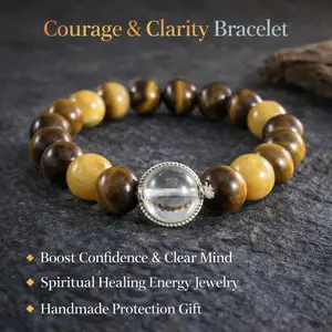 Tiger Eye & White Quartz Bracelet, Courage and Clarity Energy Bracelet for Women Men, Protection Jewelry for Everyday Wear