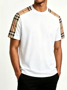 Summer Classic Patchwork Plaid Checked Print British Style Fashion Casual Men's Short Sleeve T-Shirt, Trendy and Comfortable Apparel, Menswear