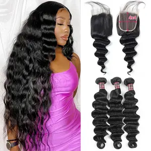 Loose Deep Wave Bundles With Closure Human Hair Bundles With Closure 4x4 Inch 3 Bundles With Closure Free Part