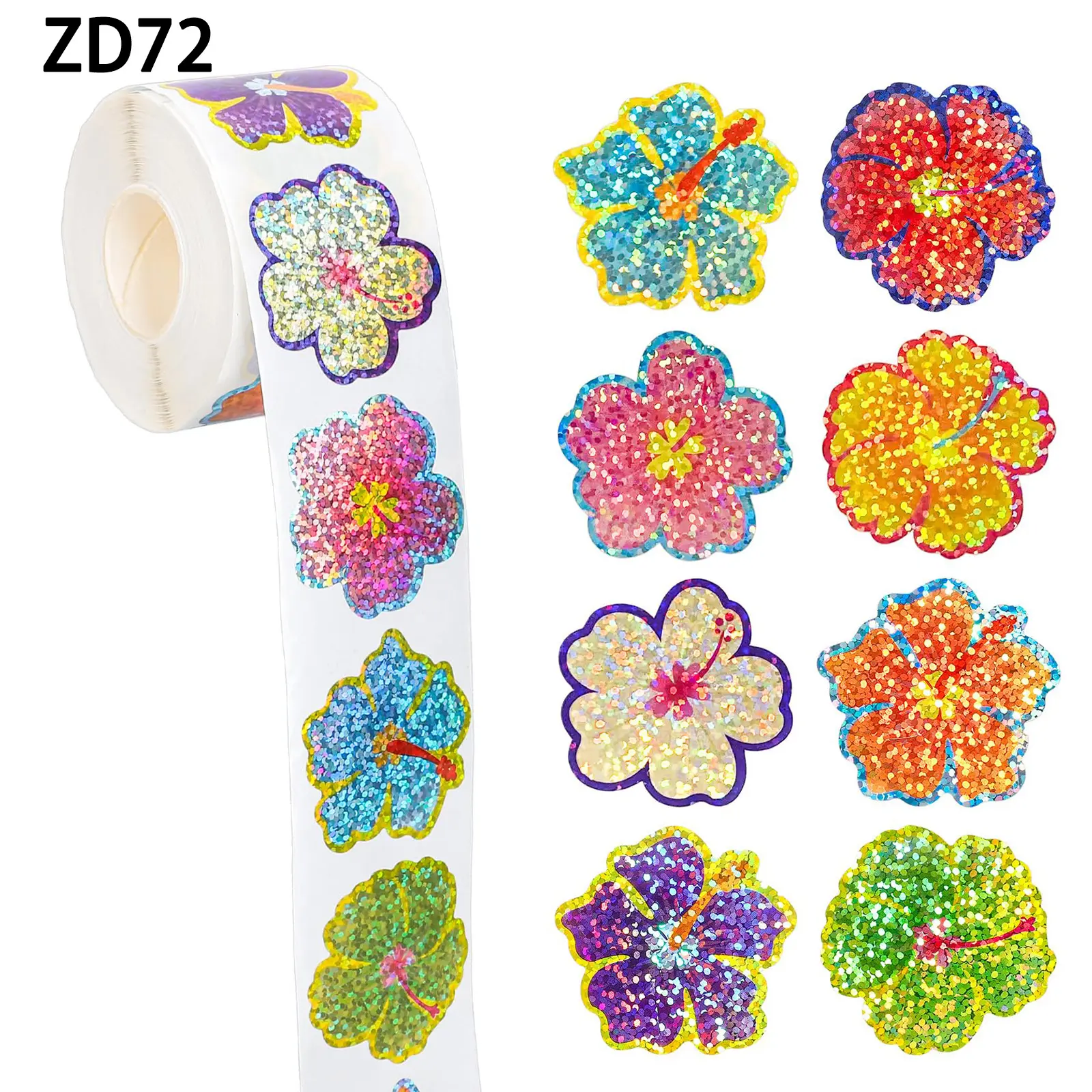 500 PCS/Roll Colored Hibiscus Flower Self-Adhesive Sticker Floral Pattern Sticker Waterproof Gift Packaging Sealed Valentine's Day Wedding Gift Sticker Label Self Adhesive Stickers