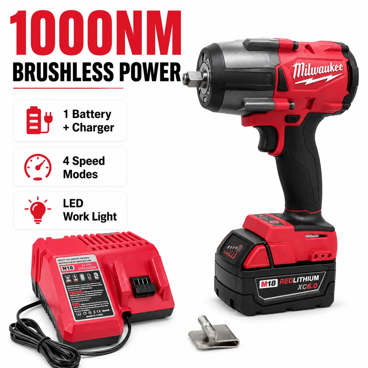 Milwaukee M18 Heavy Duty Torque Wrench - 1000Nm High Power Work Tool, Tools and Gadgets for Heavy Equipment Maintenance, Lug Nut Removal, High Power Tool, Led Lights