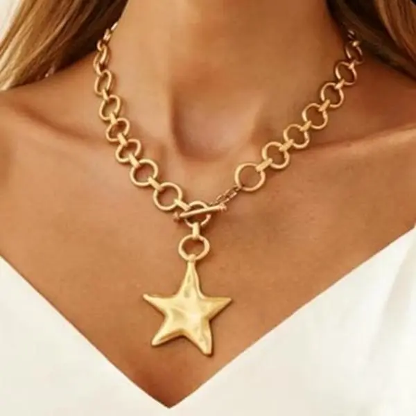 Vintage Star Pendant Necklace, Chic Exquisite Exaggerated Big Star Pendant Oval Link Chain Necklace, OT Buckle Style, Punk Fashion Jewelry Accessories for Women & Men, Suitable for Daily Wear, Party, Birthday Gifts