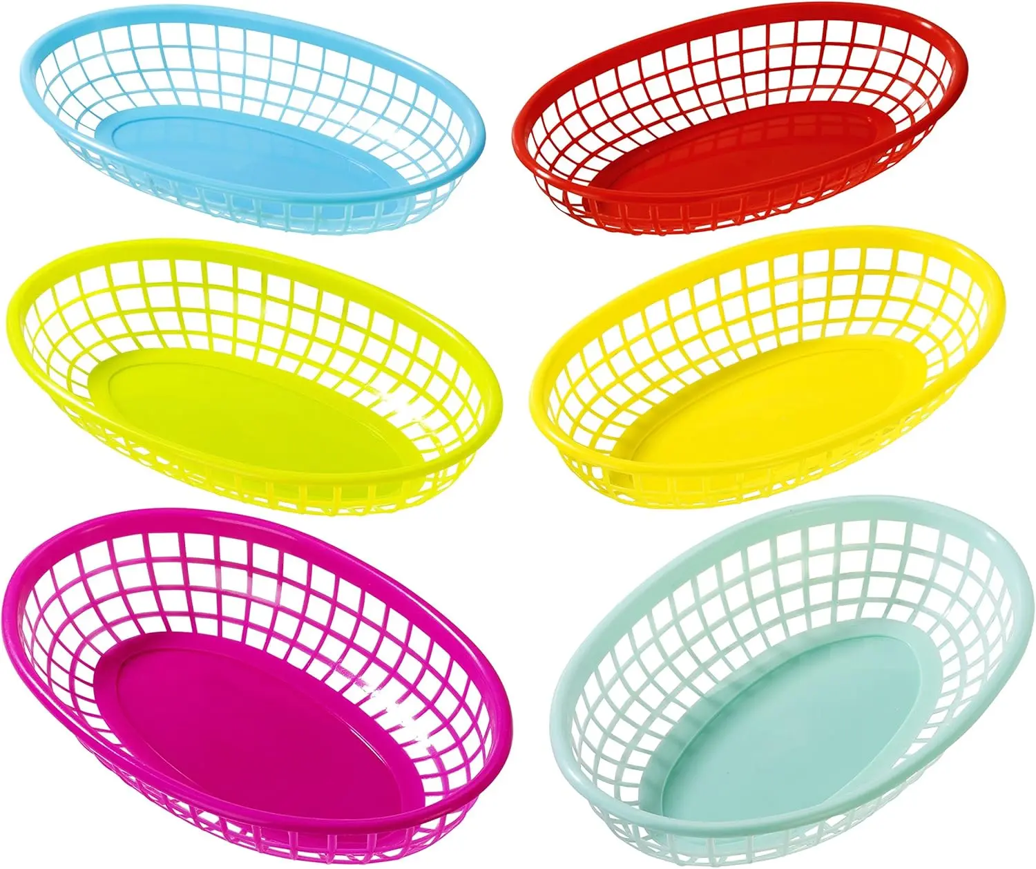 6 Pack Reusable Plastic Colourful Food Baskets for Hotdogs, Burgers, Fries, Sweets, Crisps, Snacks | Movie Nights, Kids Birthday Party Picnics, Tropical BBQ, Summer Garden Festival