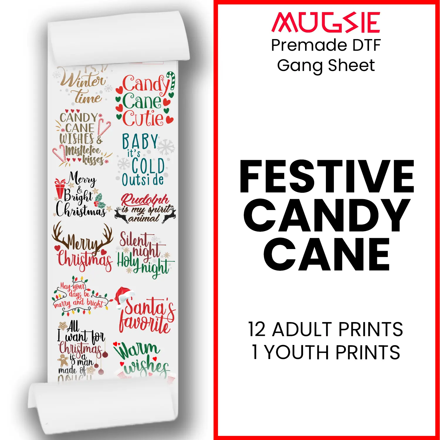 Festive Candy Cane Cutie: DTF (Direct-to-Film) Gang Sheets - 22x60 - Sugar and Spice Christmas DTF Transfer Prints