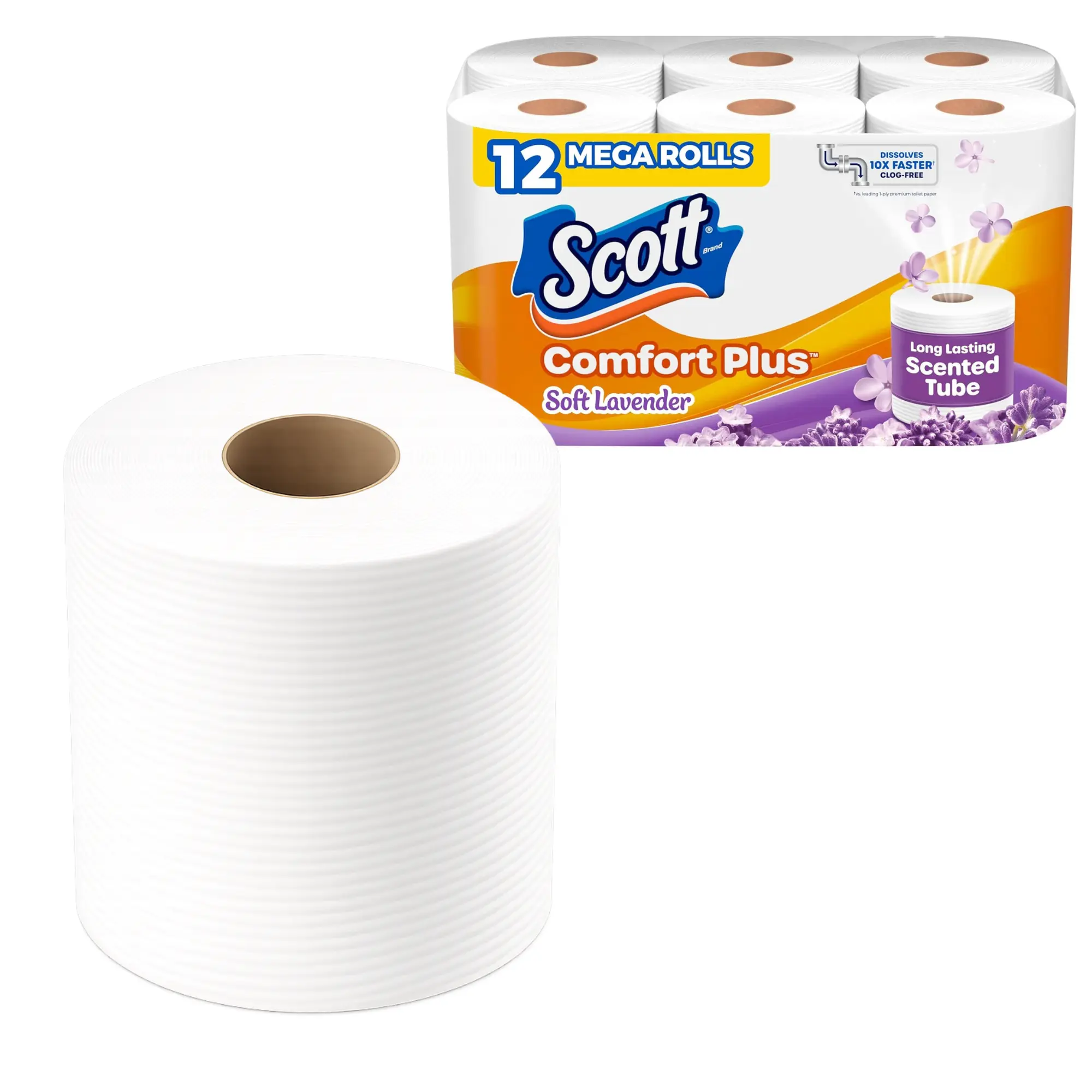 Scott ComfortPlus Bath Toilet Paper, 1-Ply, 12 Mega Rolls, 310 Sheets per Roll, Septic-Safe, with Soft Lavender Scented Tube