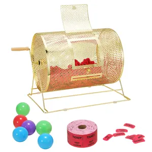 【FathersDayGift】VEVOR Raffle Drum,  Holds 5000 Tickets or 200 Ping Pong Balls, Metal Lottery Spinning Drawing with Wooden Turning Handle,16.1 x Ø12 inch Brass Plated Raffle Ticket Spinning Cage, for Bingo Ballot Part