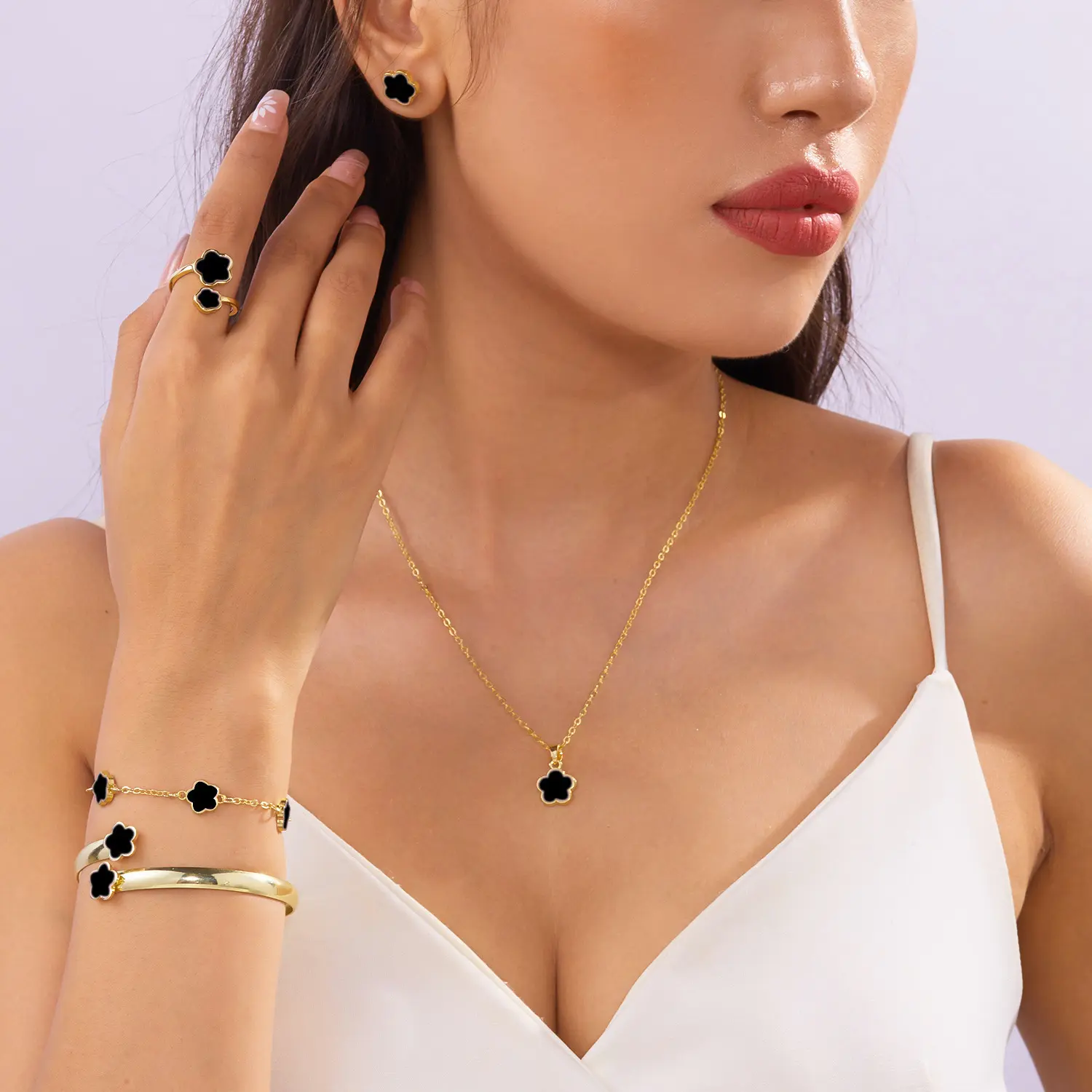6Pcs Flower Design Matching Jewelry Set, Fashionable Elegant Necklace & Bracelet & Earrings & Ring for Women & Girls, Fashion Jewelry for Party, Daily Decor, Trendy All-match & Exquisite Jewelry for Birthday Gift, Jewellery Gift Set
