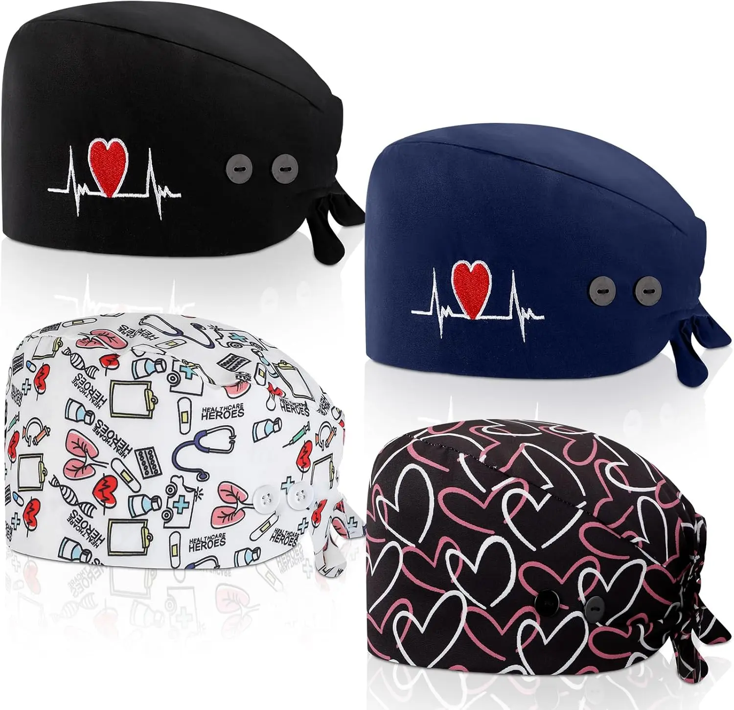 Women's 4-Pcs Scrub Caps with Buttons, Sweatband, Adjustable Elastic - Indoor Recreation Nurse Work Caps for Medical Professionals