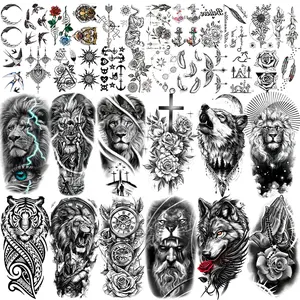 36 Sheets 3D Black Tribal Realistic Lion Temporary Tattoos for Men Women Adults, Bulk Tiger Wolf Warrior Gladiator Temp Skull Skeleton Halloween Fake Half Arm Sleeve Tattoos Stickers Legs Kit Sets