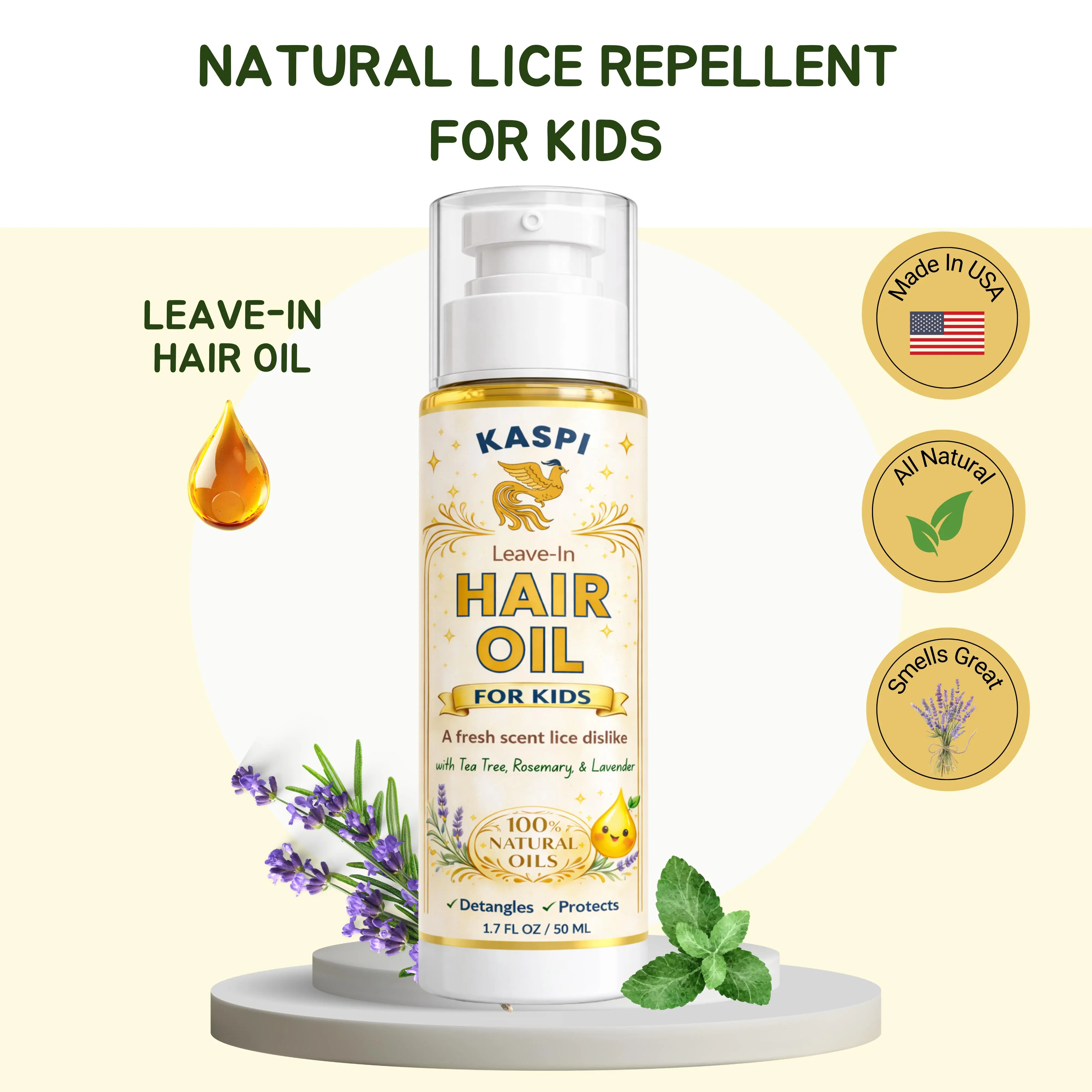Kaspi Kids' Anti-Lice Leave-In Hair Oil (1.7oz) - Natural Plant-Based Haircare, Peppermint & Tea Tree Infused, Lightweight, Non-Toxic, Lice Prevention & Repellent, Conditions, Detangles, Adds Shine, Pleasant Scent