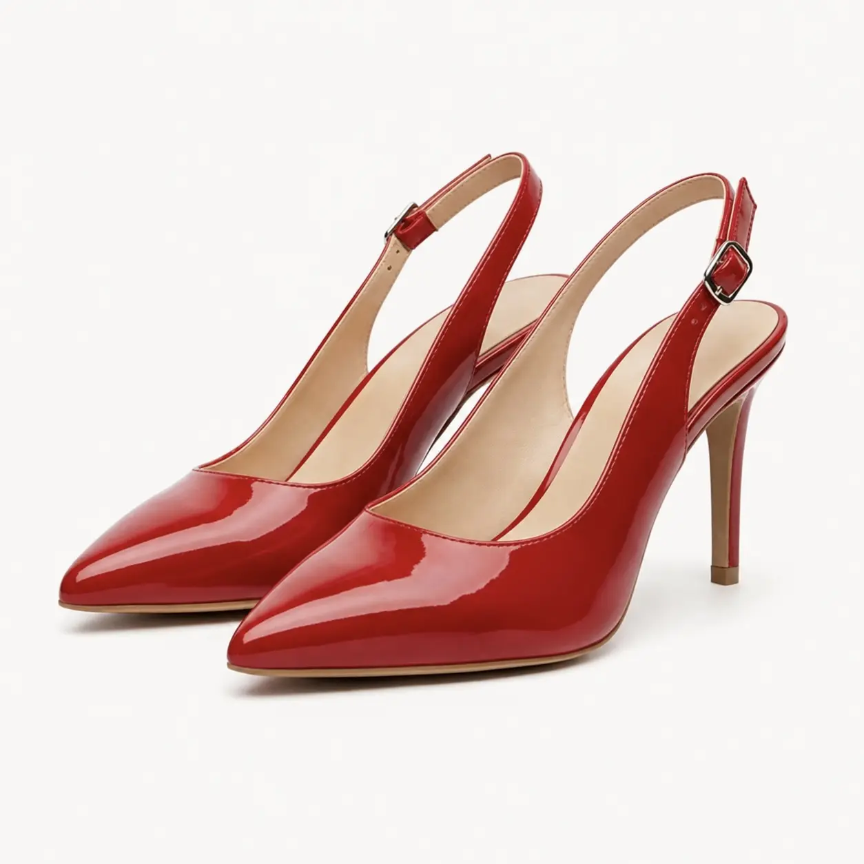 GeeYea women's Red Patent PU Leather Slingback Heels, Pointed Toe High Heel Pumps with Adjustable Buckle Strap, Glossy Elegant Dress Shoes for Party, Wedding, Date Night & Formal Outfits.