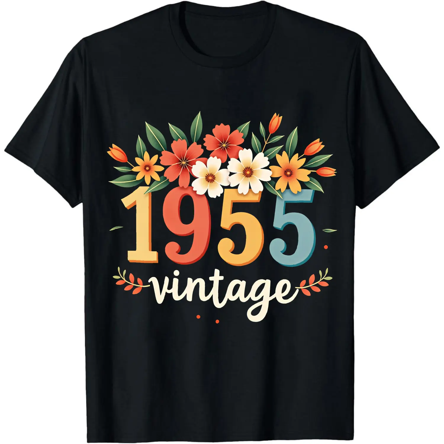 Men's 1955 Vintage Floral Graphic Cotton Top - 100% Cotton, Short Sleeve, Crew Neck, Medium Length, Double-Stitch, Cold Wash, Unisex Casual Streetwear, 1955 Birthday Gift