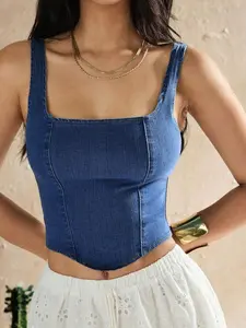 Versatile Y2K Style Distressed Denim Crop Top - Slim Fit Sleeveless Square Neck Casual Top with Asymmetrical Hem and Zipper Detail - Fabric