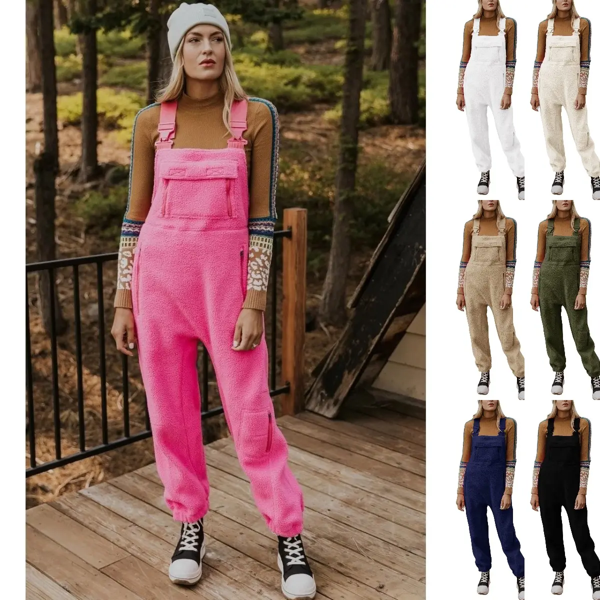 Women's Soft Polyester Warm Fleece Hug Bib Overalls, Sleeveless Loose-Fit Winter Jumpsuit with Adjustable Elastic Buckle Straps, Leg Zipper Pockets, Elastic Cuffs, Cold Wash Outdoor Outfits, Zipper Pockets On Legs