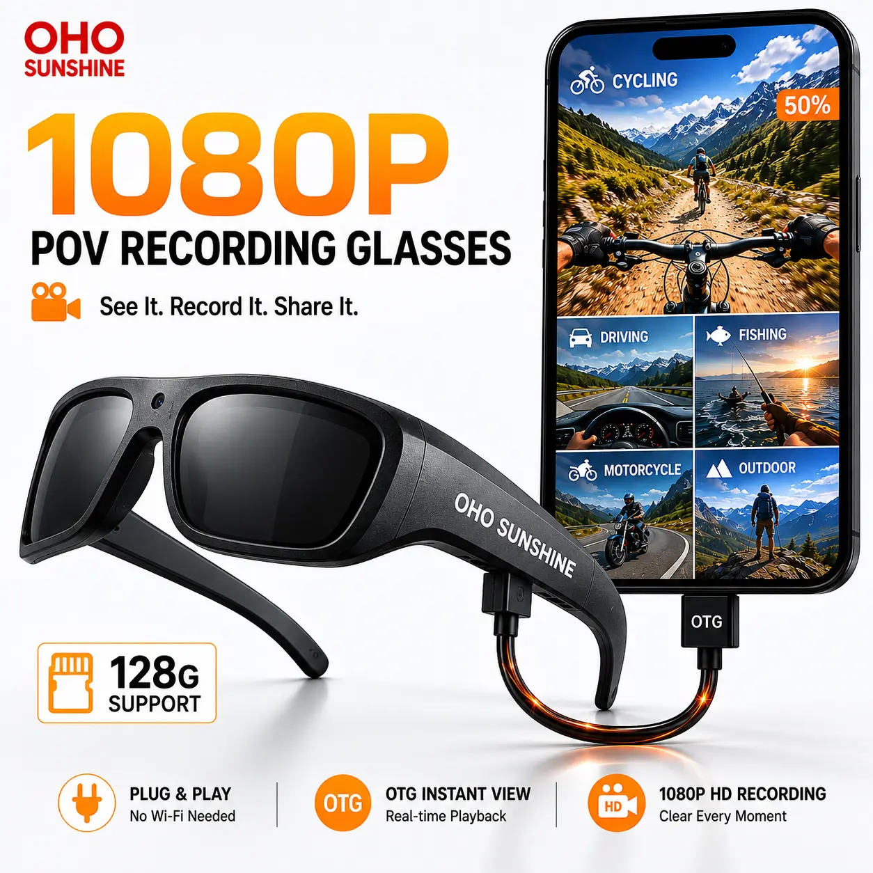 OhO Sunshine Vidsoul Full HD 1080P POV Camera Glasses, Hand Free Action Camera Smart Glasses with UV400 Lenses for Outdoor Sport,Unisex