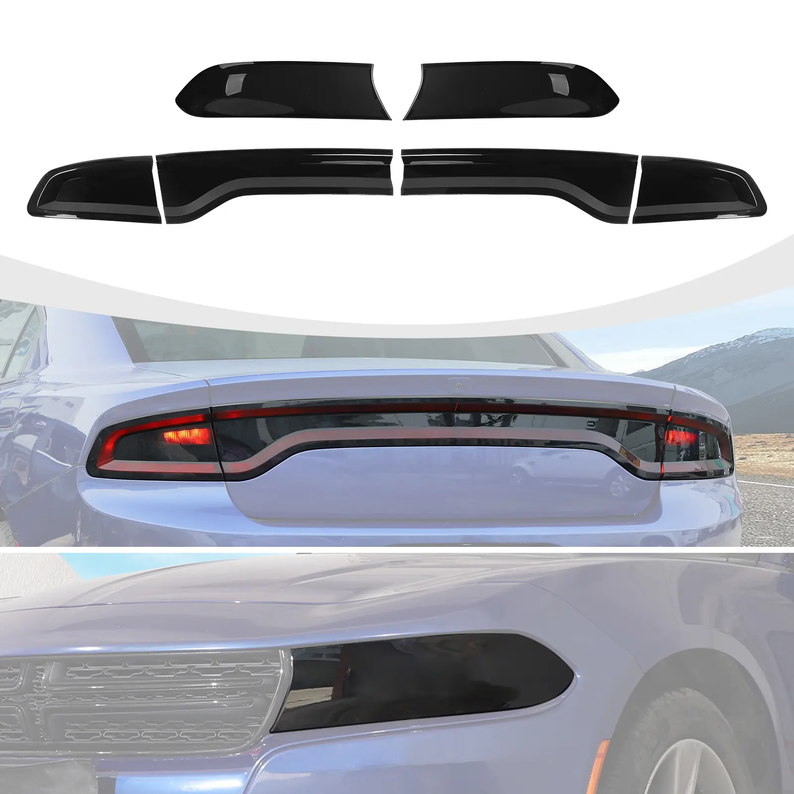 Smoke Finish Headlight Taillight Decor Cover Kit with Headlight Wraps Covers for 2015+ Dodge Charger, Smoked Black ABS Material, High-Quality UV Coating, Easy Installation, International Warranty