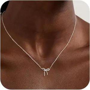 Silver Necklace for Women - Cute Bow Necklace Dainty Silver Necklace Cubic Zirconia Bow Pendant Necklace Chain Choker Necklaces for Women Trendy Jewelry