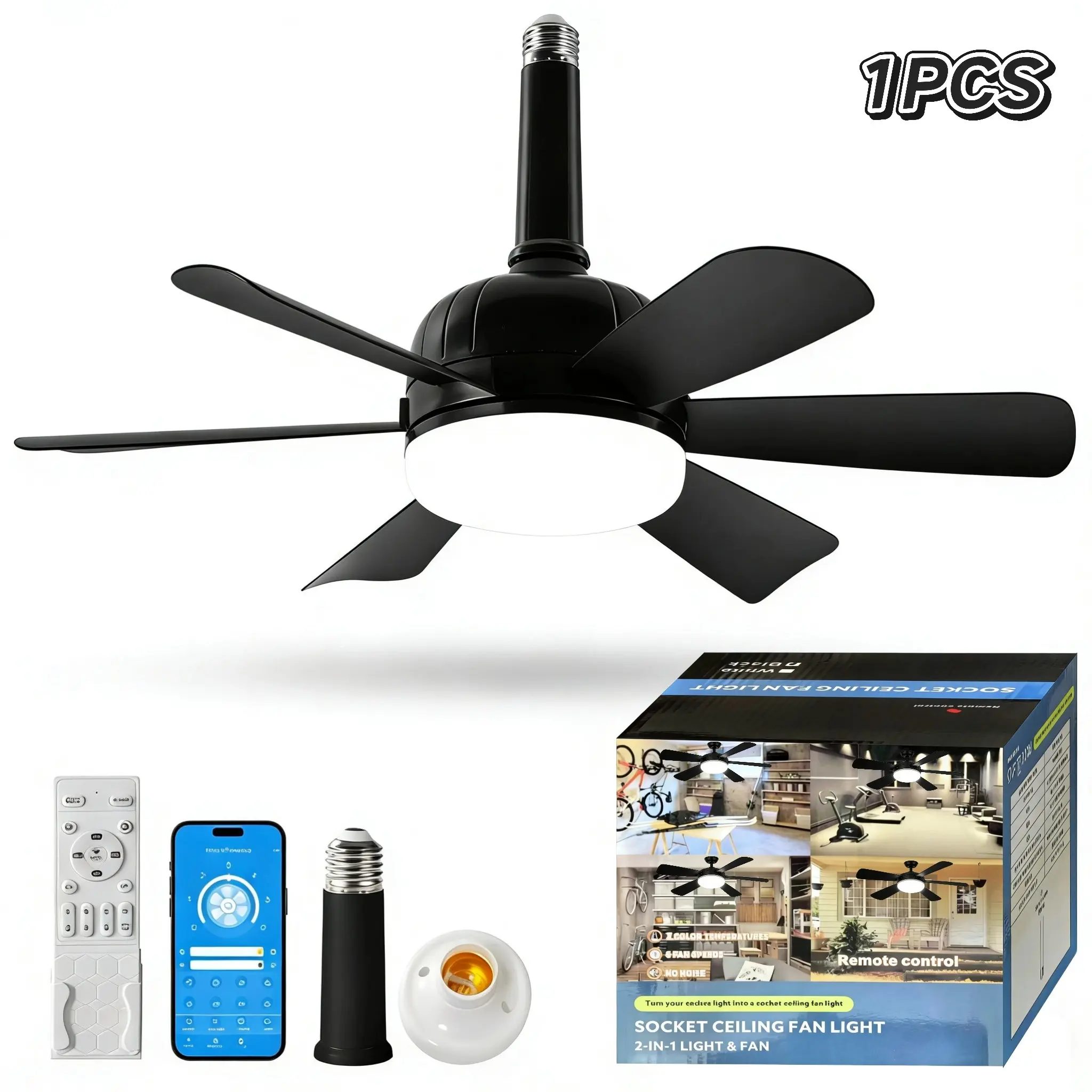 Socket Ceiling Fan with LED Light, Remote Control Ceiling Fan Light with Pure Copper DC Motor, 6-speed Wind Speed and Three Color Adjustable Light, E26 E27 Fan Light for Bedroom, Kitchen, Garage, Adjustable Lighting, Home Lighting