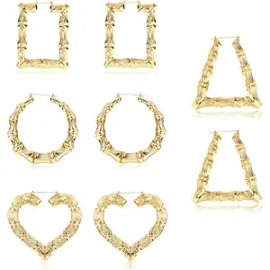 Jstyle 4 Pairs Bamboo Hoop Earrings for Women Large Heart Square Geometric Earrings Oversized Bamboo Hoop Earrings Set Hip-Pop Jewelry Fashion Party Costume Accessory Daily