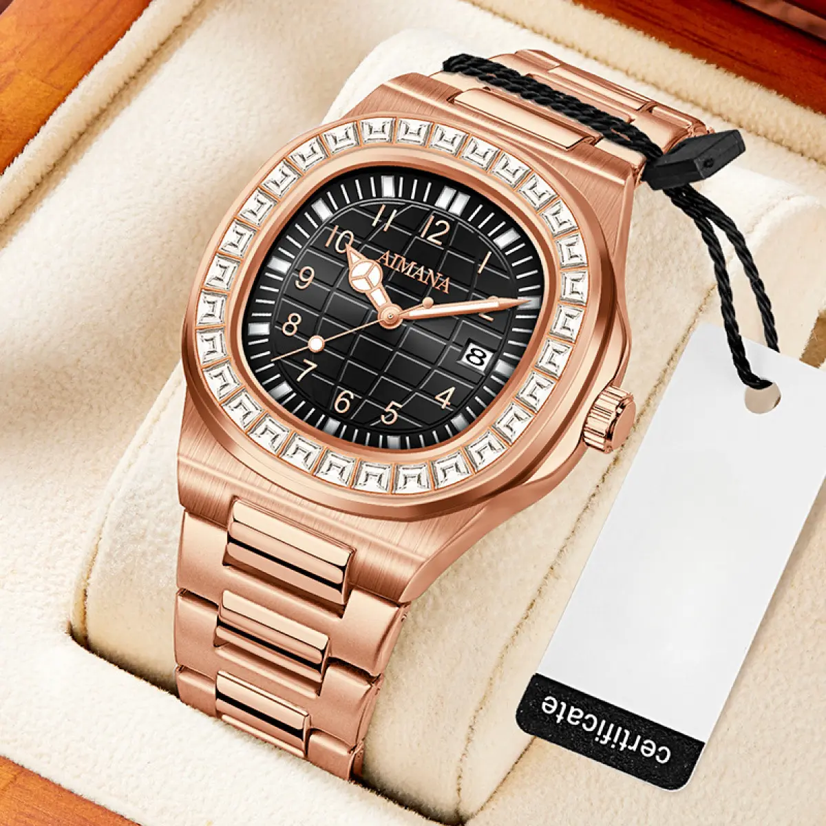 2025 Luxury Men’s Analog Watch - 42mm Square Dial, Diamond-Studded Steel Strap, Luminous Waterproof Quartz, Buckle Closure, Everyday Wear, Trendy Gift for Him, Yes, 10M