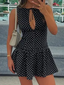 Summer Vintage Polka Dot A-line Dress with Hollow V-neck and Front Tie, Slim-fitting Casual Street Style for Women, Boho Casual Drawstring, Casual Classy Dress, Boho Style Dresses, Womenswear