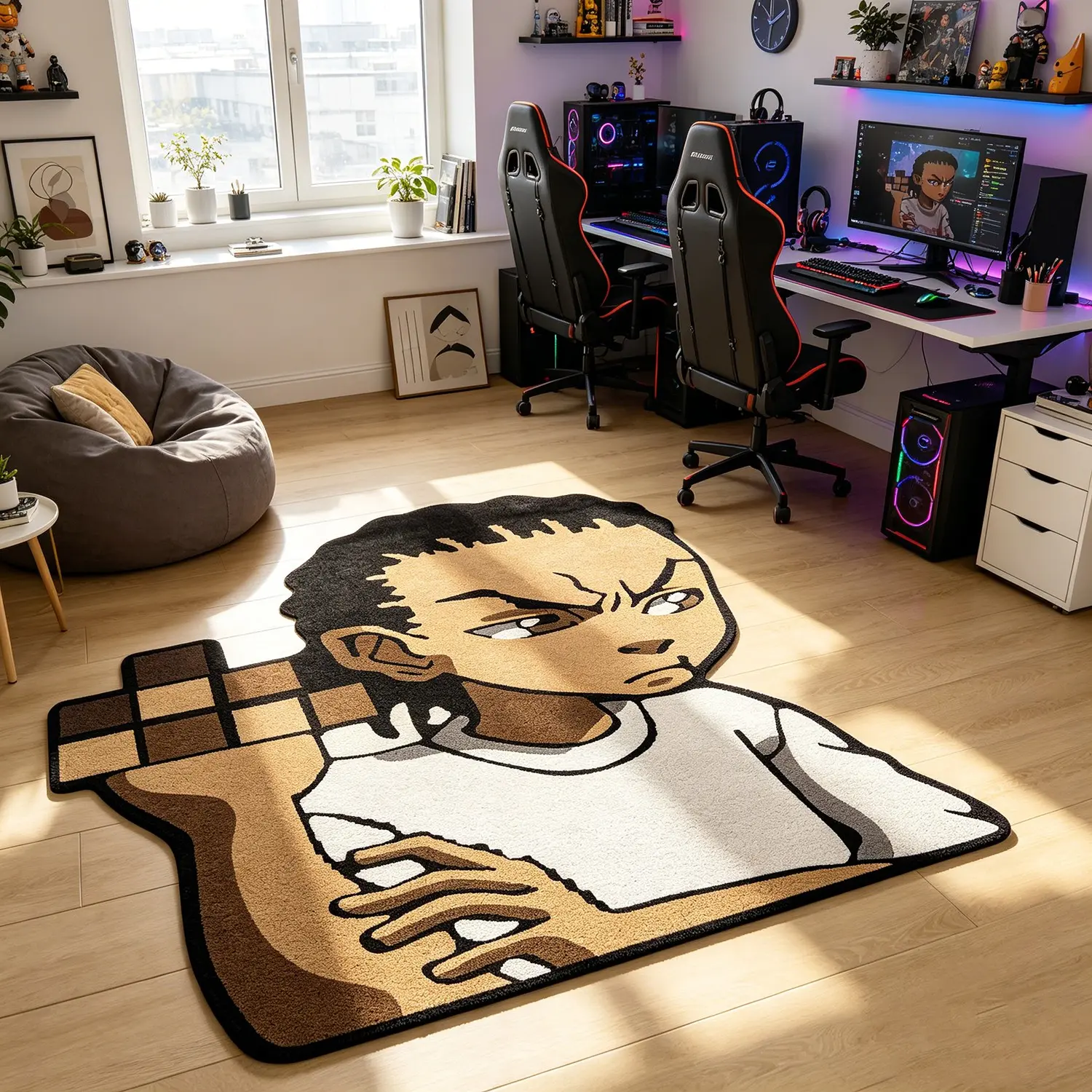 Cool Cartoon Anime Style Rug, Funny Expression, Creative Arm-Hugging Design, Fun Bedroom Bedside Decor, Trendy Living Room Sofa Mat, Universal Use, Cute Rug