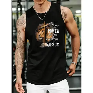 Vests with Inspirational Jesus Graphic Print There is Power in the Name of Jesus design for Men Artistic Casual T-Shirt Spring Fall