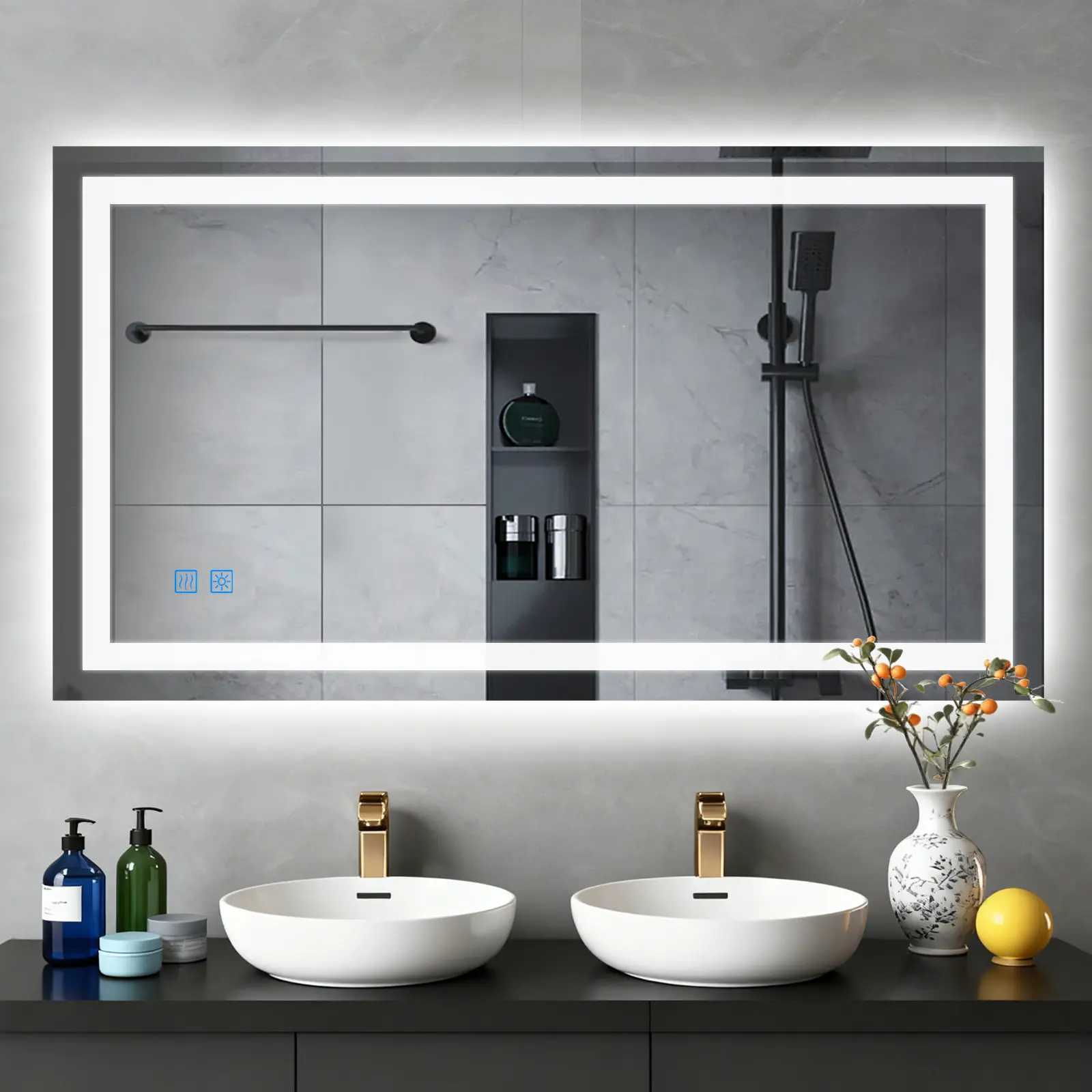 Glitgate LED Lights Bathroom Vanity Mirror with Tempered Glass, Microwave Radar, Smart Touch Sensor, Defogger - Wall-Mounted, Horizontal/Vertical Installation for Home Decor, Bathroom, Dressers, Vanity Aesthetic, BackToSchool
