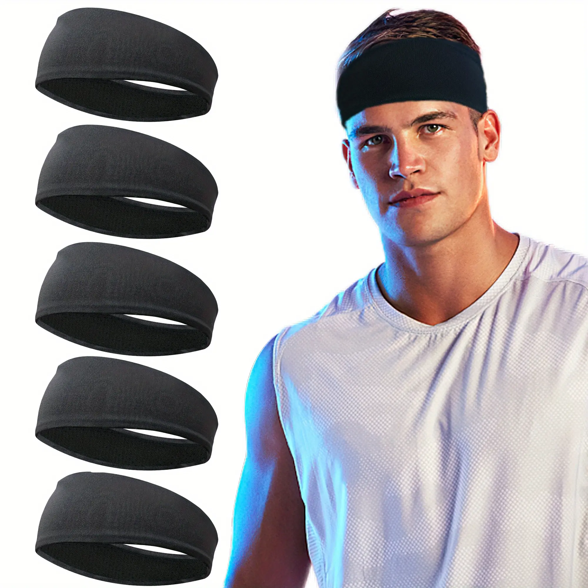 Sweat Wicking Headband for Male Athletes, 5-Pack Solid Polyester Athletic Bands, Breathable Fabric that Wicks Sweat for Running & Cycling, Knit Fabric, Biking