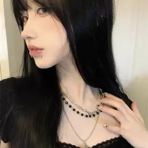 Gothic Punk Cross Necklace for Women, Dark Sweet Cool Babe Beaded Choker, Vintage Metal Collarbone Chain, No Precious Metal Plating