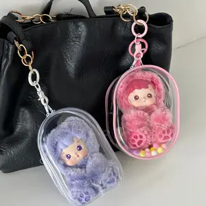 15cm Cotton Doll Bag Figure Display Bag With shoulder cord, thick keychain and fur ball - Clear Carrying Case Organizer Toy Bag - PVC Clear Doll Protect Case for Mini Figure Doll