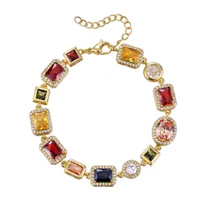 KissYan Colorful Gemstone Tennis Bracelet for Women, Vintage  14K Gold Plated Square Rhinestone Bracelet, Trendy Multi-Color Jewelry for Party, Daily Wear & Birthday Gift