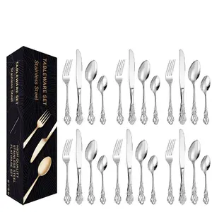 24-Piece Luxury Vintage Royal Stainless Steel Cutlery Set, Dinnerware Service Set, Silver Color Knife Fork Spoon, Ideal for Home Kitchen Restaurant Hotel Use