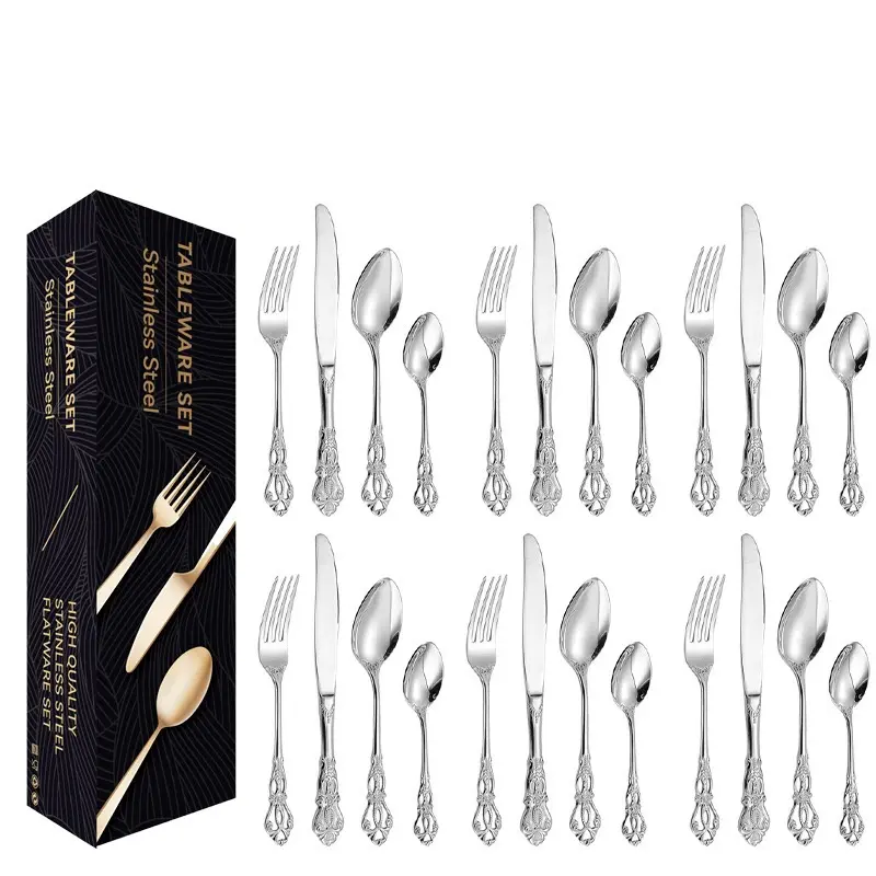 24-Piece Luxury Vintage Royal Stainless Steel Tableware Cutlery Set, Dinnerware Service Set, Silver Color Knife Fork Spoon, Ideal for Home Kitchen Restaurant Hotel Use