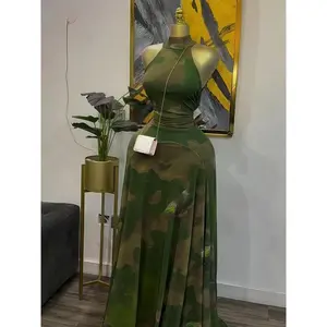 Women’s round-neck sleeveless A-line long dress; autumn party dress; beachy sexy evening dress; birthday printed long dress; jellyfish camouflage floor-length dress with a large stand-up collar; educational holiday long dress GARMENTARY