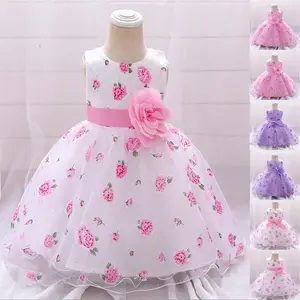 Pink Floral Kids Clothes 3D Flower Girls Frock Ball Gown Pageant Children Elegant Princess Prom Host Formal Evening Party Cocktail Dress 0-2Y